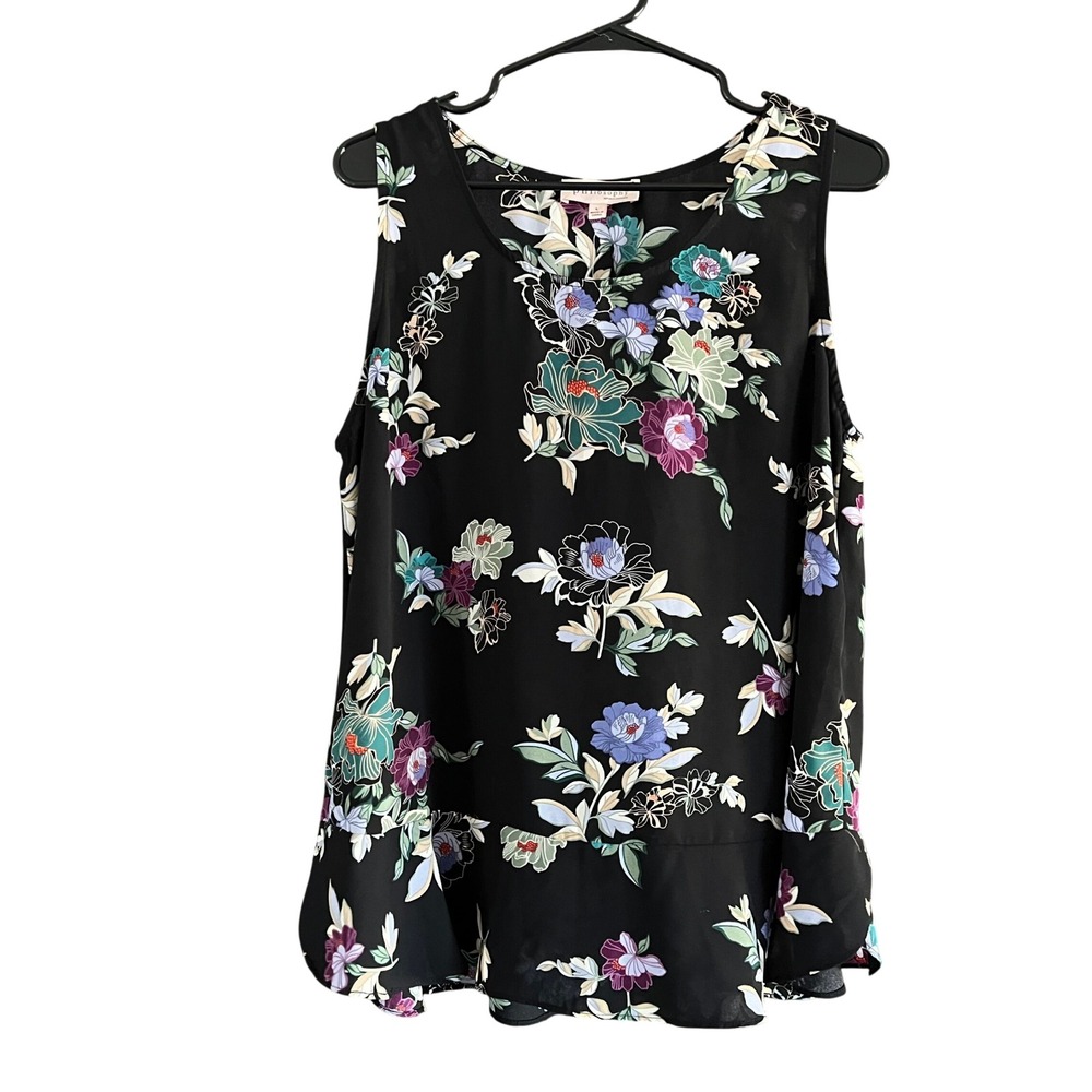Philosophy Republic Clothing Black Floral Peplum Sleeveless Blouse Large NWT